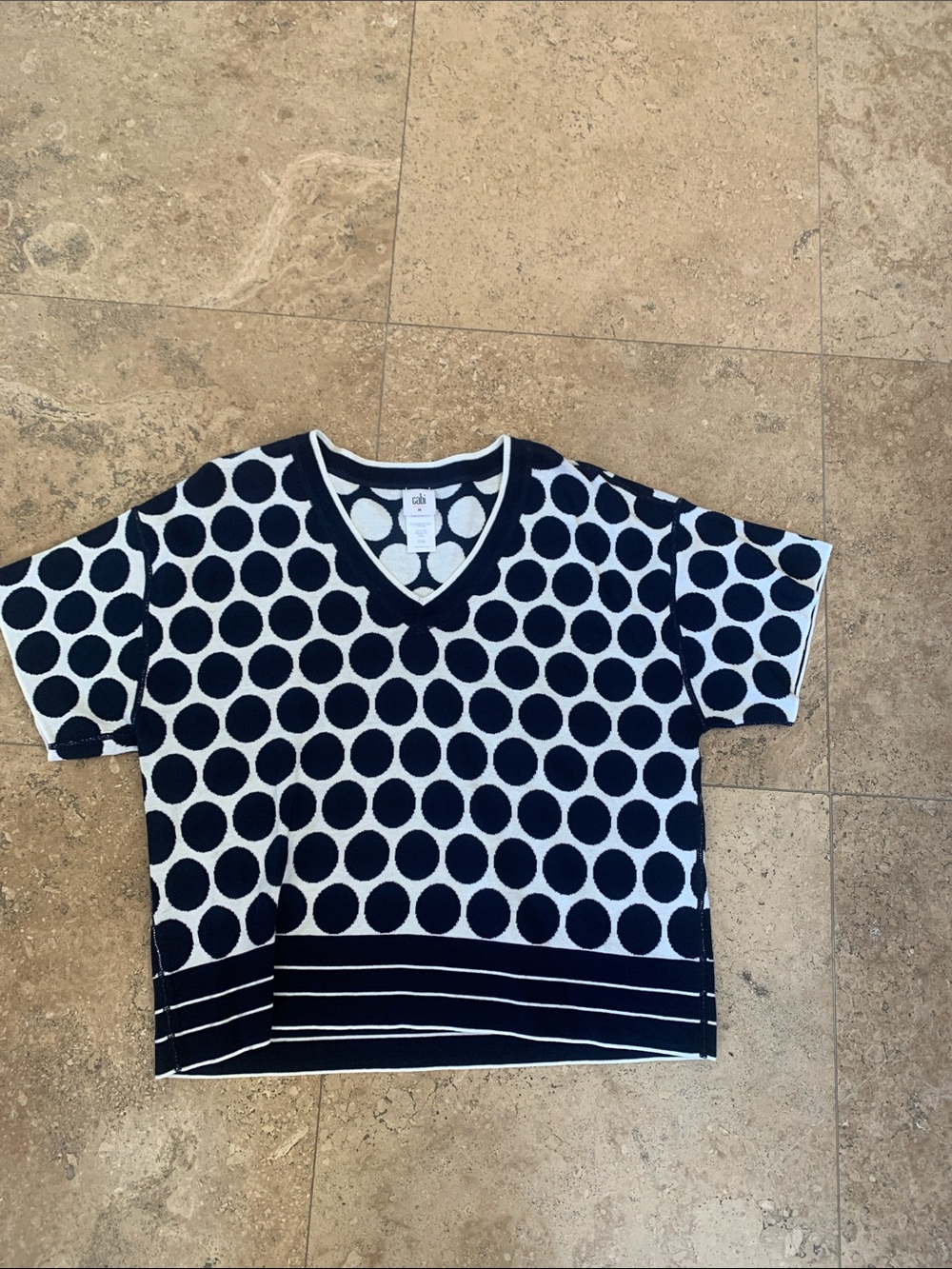 CAbi Navy and White Polka Dot Short Sleeve Sweater Top